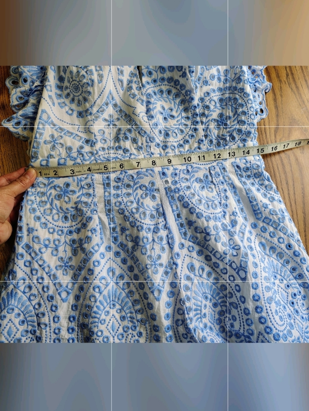 Embellished mini romper floral embroidery eyelets scalloped edges Cotton Sz L. - Picture 9 of 15